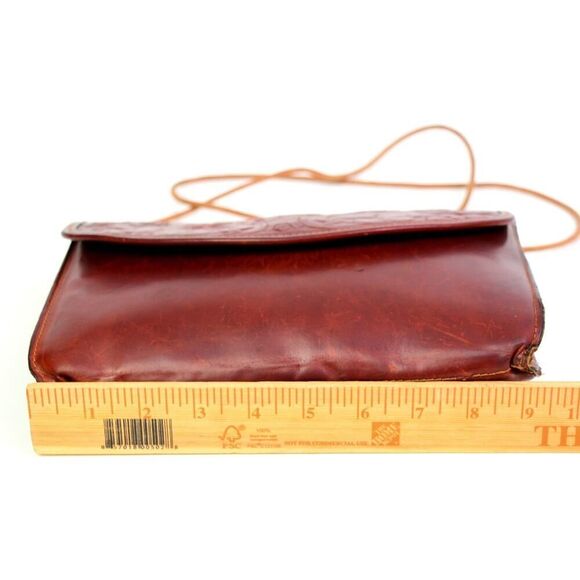 Paola del Lungo TOOLED RED BROWN REAL LEATHER FLAP SHOULDER BAG X-BODY - Picture 10 of 13